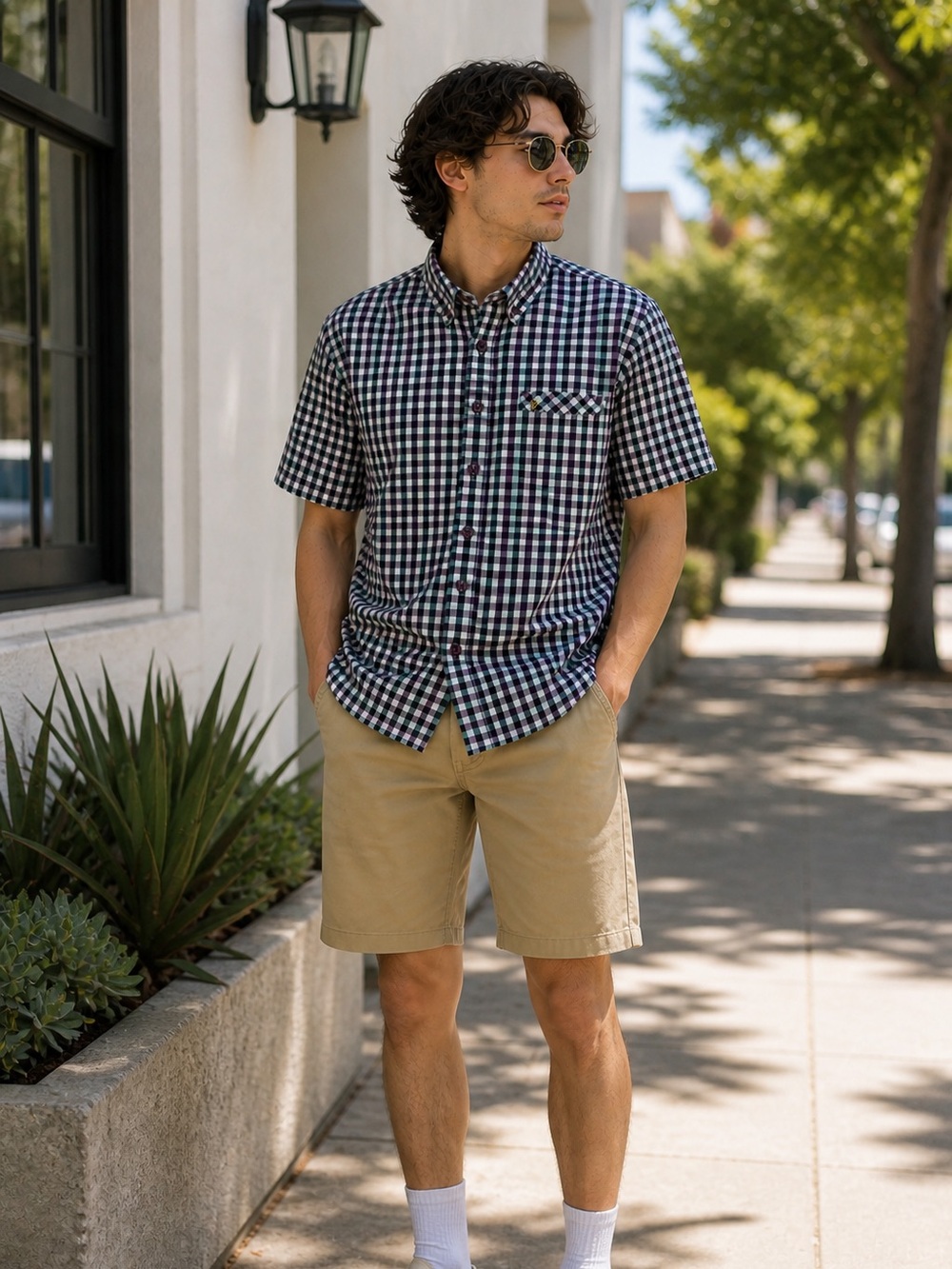 FARAH Casual Fit Button Front Shirt Men’s Medium Plaid Short Sleeve Blue Purple